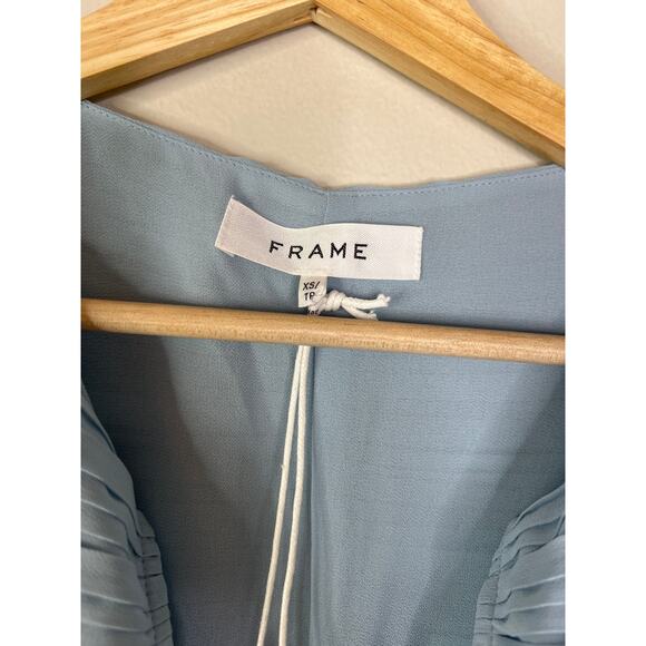 NWT Frame Pleated Billow Sleeve V-Neck Long Sleeve Blouse Top Chambray Blue - Picture 5 of 8